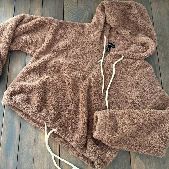 Derek Heart Tops - Derek Heart Camel Teddy Bear Quarter Zip Cropped Draw Hoodie - Size Medium (E9)